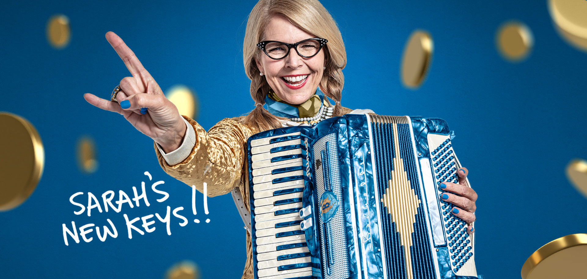 Grand Casino ad with woman holding accordion.